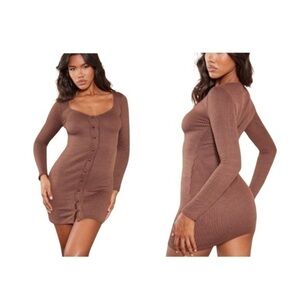 🤎 PrettyLittleThing Chocolate Two-Tone Rib Button Down Bodycon Dress Size 10 NW